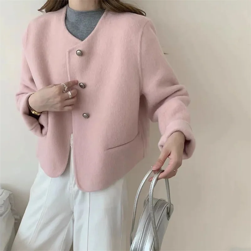 

Укороченные куртки из 100% шерсти для женщин, короткое зимнее пальто, 2025 г., элегантная модная женская верхняя одежда с круглым вырезом