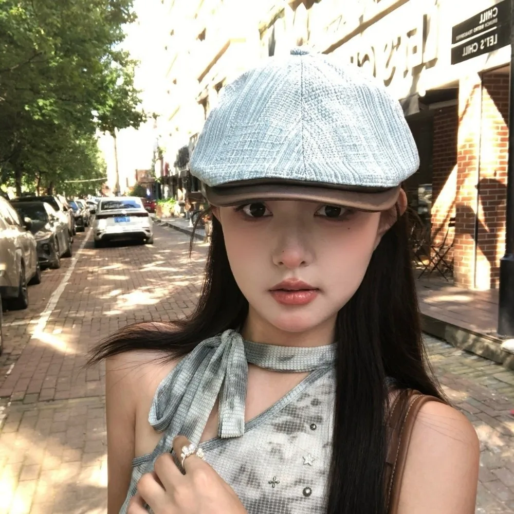 

Casual Retro Denim Beret Flat Brim Y2k Cowboy Beret Artist Versatile Painter Cap Streetwear