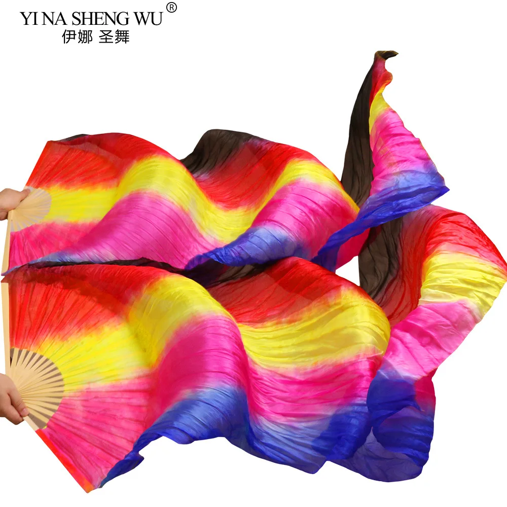 Vente chaude 100% éventail en soie 1 paire fait à la main de haute qualité éventails de danse du ventre en soie rayures verticales bleu + Rose + jaune + rouge + noir 180*90 cm