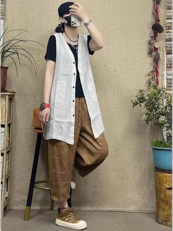 

Retro Cotton Linen Vest Jaet Women's Faion Loose Casual V-ne Lightweight Summer Top Middle-length Button Detail