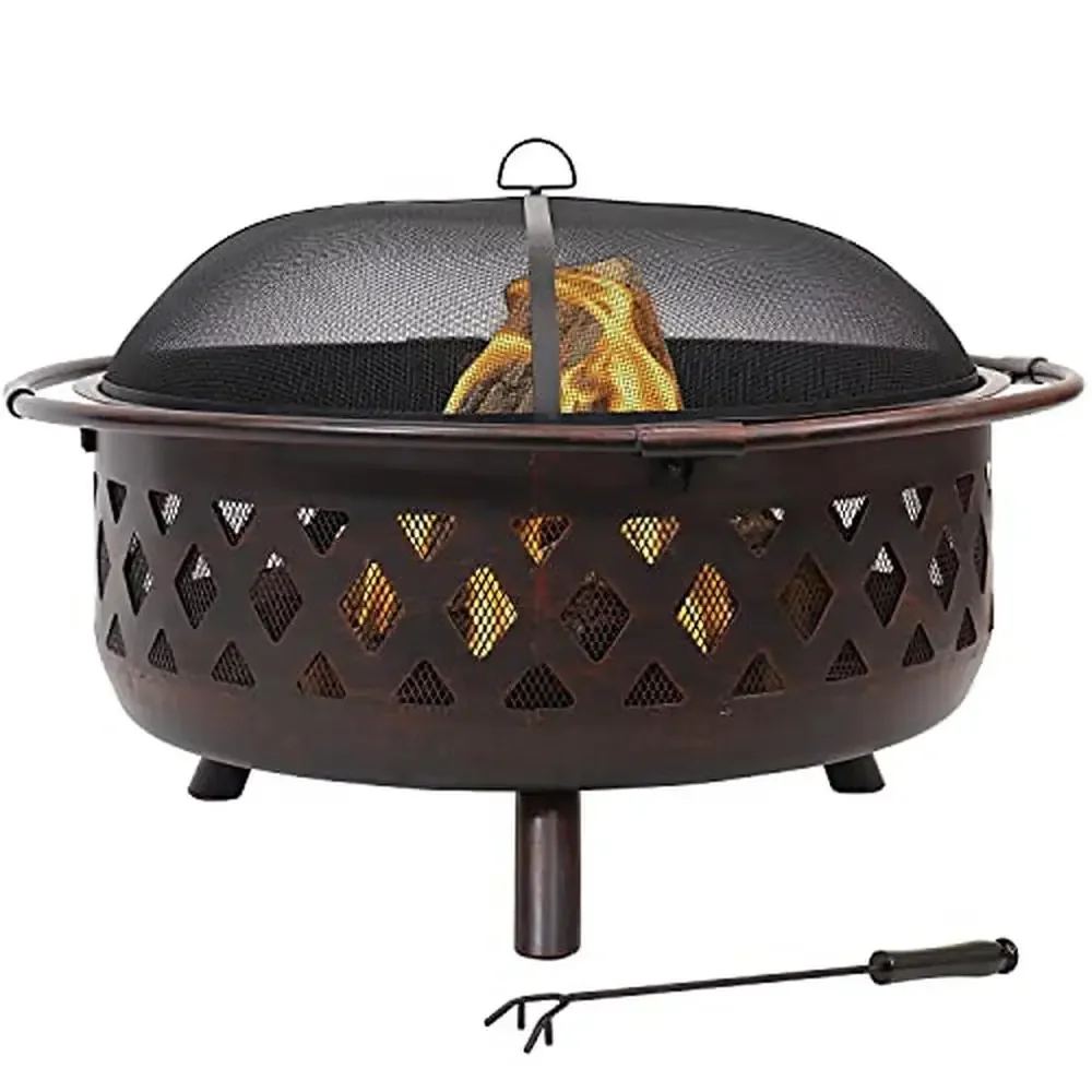 36-Inch Steel Fire Pit Set with Spark Screen Poker Round Cover Outdoor Bonfire Gathering Essentials