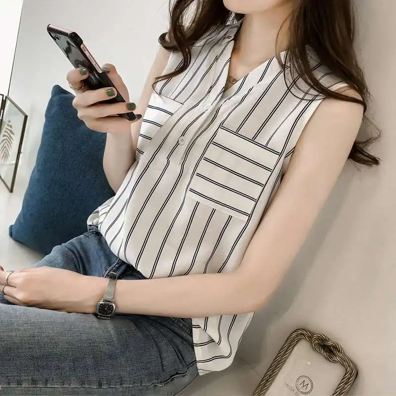 

Women's Summer New Chiffon irt Striped Large Size Loose Al No Sve Cotton 00% Regular Sve Length Other/Other Brand