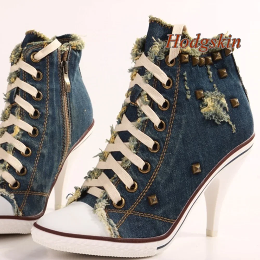 

Denim Stiletto High Heel Boots Patchwork Side Zipper Mid Calf Pointed Toe Women Boots 2025 Newest Fashion Casual Autumn Boots