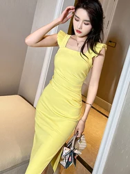 Women's Chic Midi Dress Sweet Sexy Elegant Yellow Black Pink Slip Strap Slit Wrap Hip Gown Femme Party Holiday Vestidos Mujer