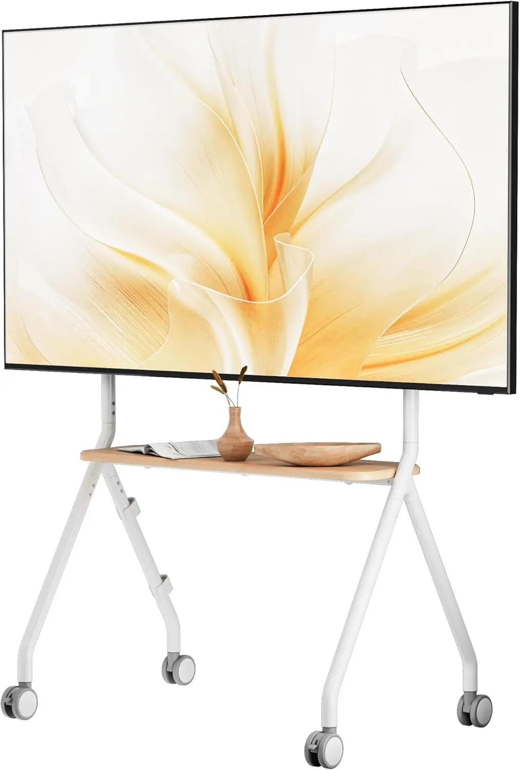 

Mobile TV Stand for 49-80 Inch TVs, Height Adjustable, Lockable Wheels, Wood Shelves, VESA 600x400, White