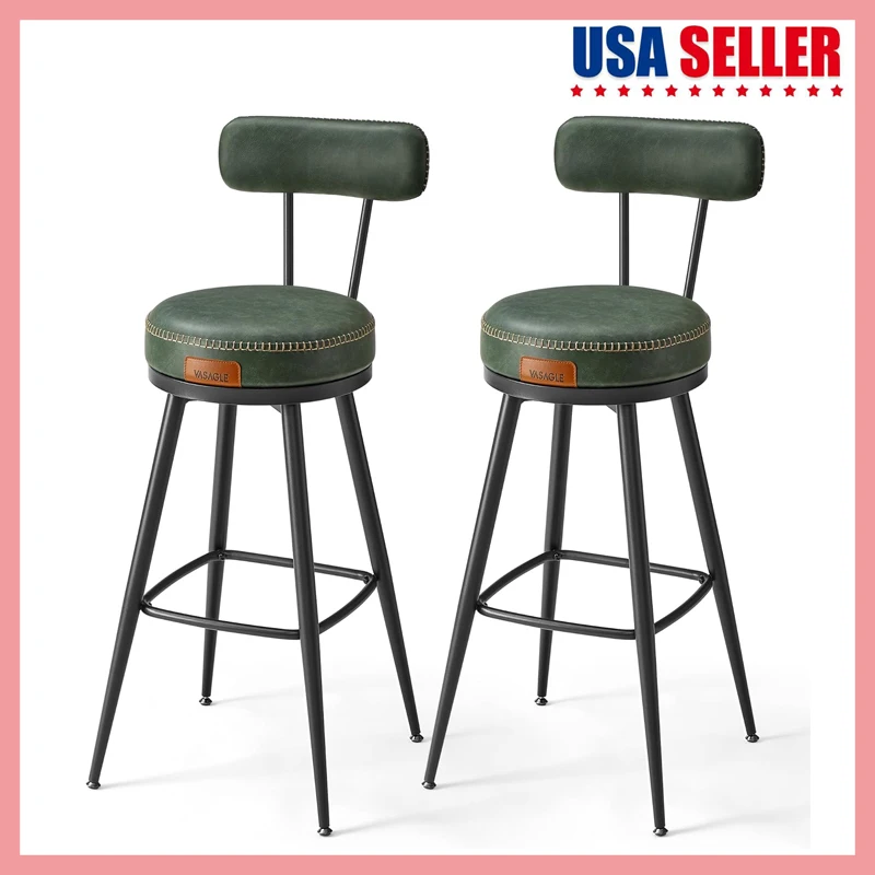 

EKHO Collection - Bar Stools Set of 2 Bar Height Swivel Bar Stools with Back Synthetic Leather with Stitching Mid-Century Modern