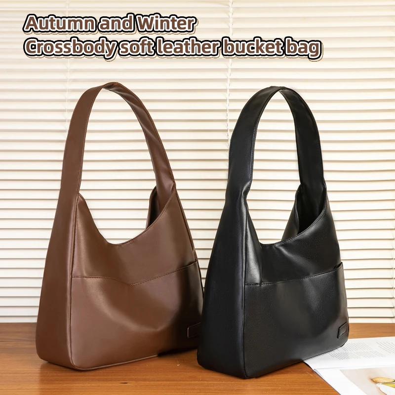

Autumn and winter crossbody soft leather bucket bag, retro casual commuting bag, student shoulder bag for class, tote bag