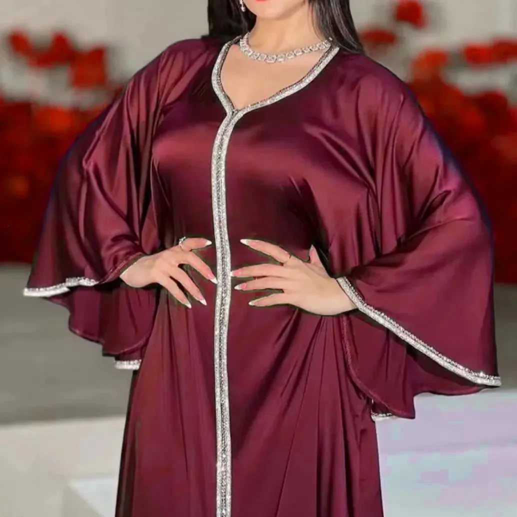 

Ramadan Muslim Dubai Abayas For Women Elegant Crystal Caftan Marocain Islam Clothing Satin Flare Sleeve Evening Party Maxi Dress
