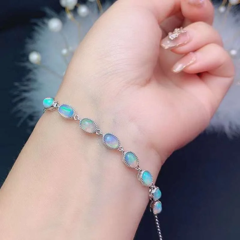 

Real Natural Opal Gemstone Bracelet 925 Sterling Silver Colorful Stone Bangle for Women Fine Wedding Jewelry