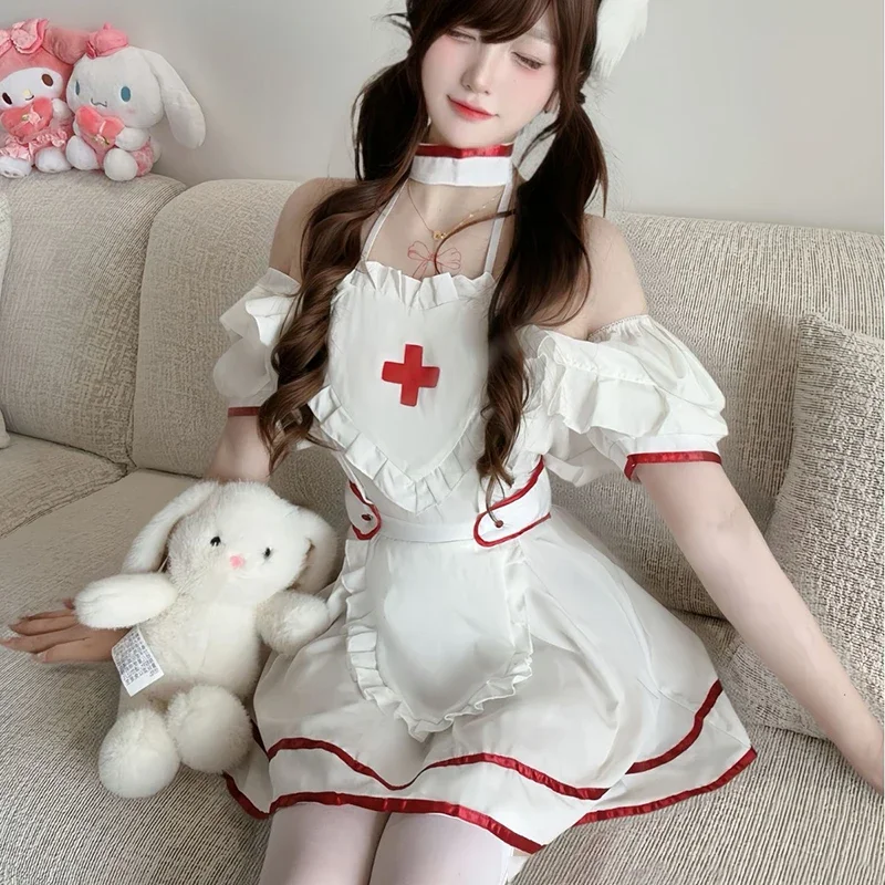

Nurse Uniform Cosplay Women Hot Sexy Sweet Love Heart Hollow Lolita Dress Outfits Set Halloween Carnival Lovely Maid Costumes
