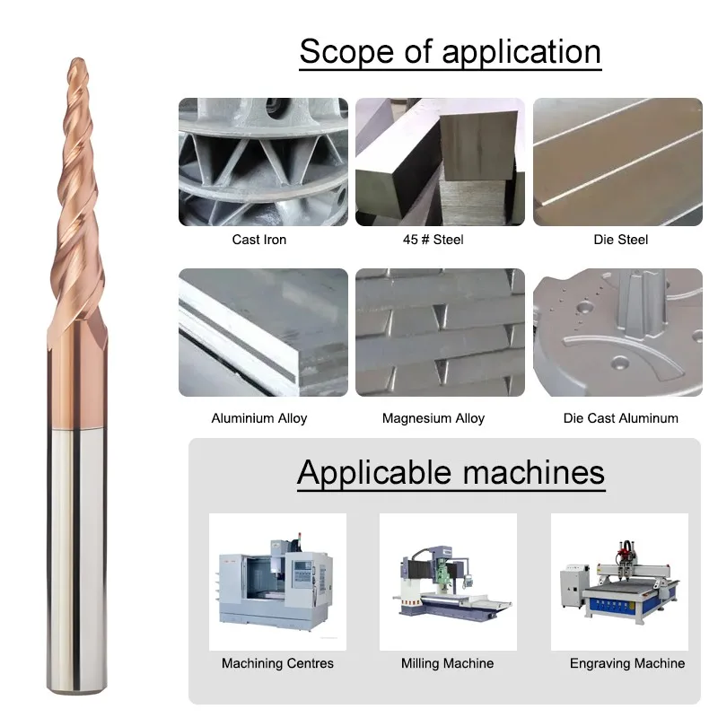 YIFINO Conical Ball End Milling Cutters 2-Flutes Tungsten Steel Carbide R0.25-R2.0mm CNC Endmills HRC55 Extended Milling Cutter
