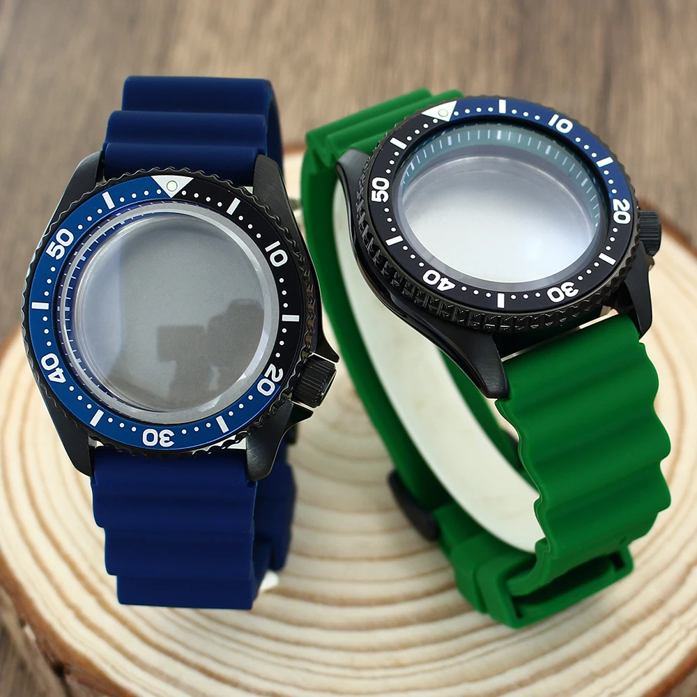 Caja de reloj SKX negra PVD de 42,5mm, cristal de zafiro de doble arco para NH34 NH35 NH36 NH38 NH70 Movts con anillo de capítulo, pieza de correa de goma