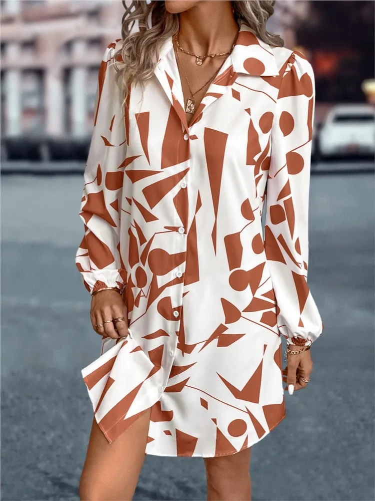 

Office Lady Elegant Lapel Shirt Dress Fashion Geometric Print Long Sleeve Autumn Dress For Women Casual Loose Female Vestidos