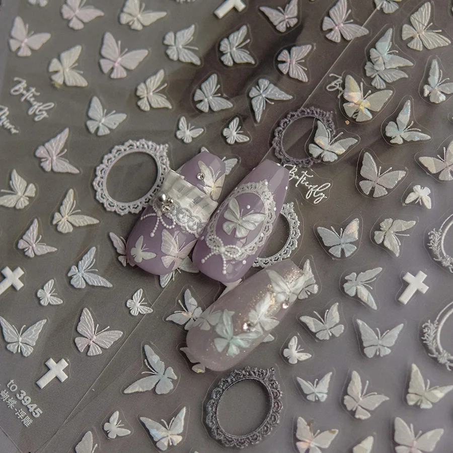 5D Relief Retro Shell Laser Plain Color Little Butterfly Cross Mirror Frame Adhesive Nail Art Stickers Decals Manicure Charms