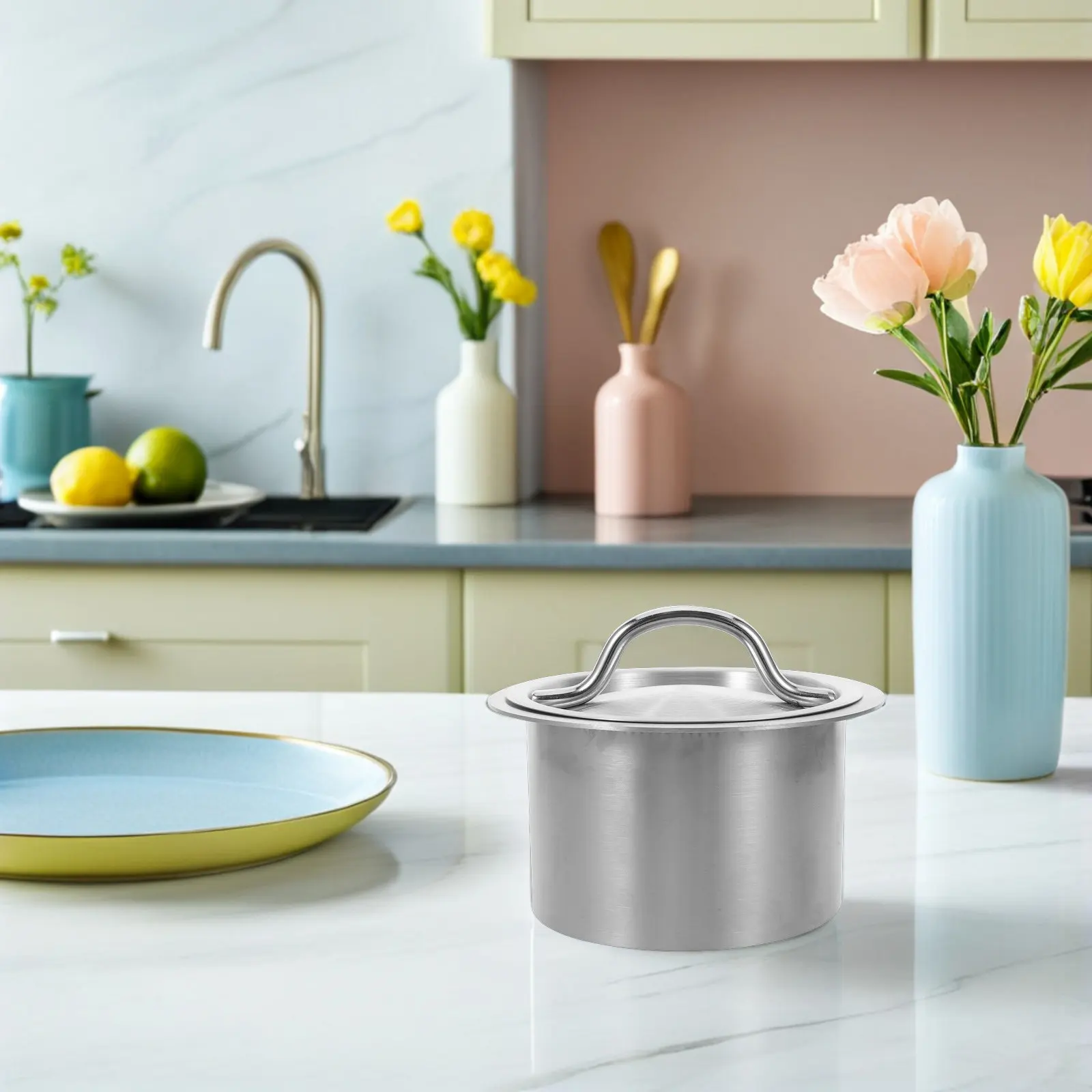 Countertop Embedded Trash Chute Cover Round Stainless Steel Flush Insert Recessed Garbage Lid Kitchen Worktop Waste Disposal