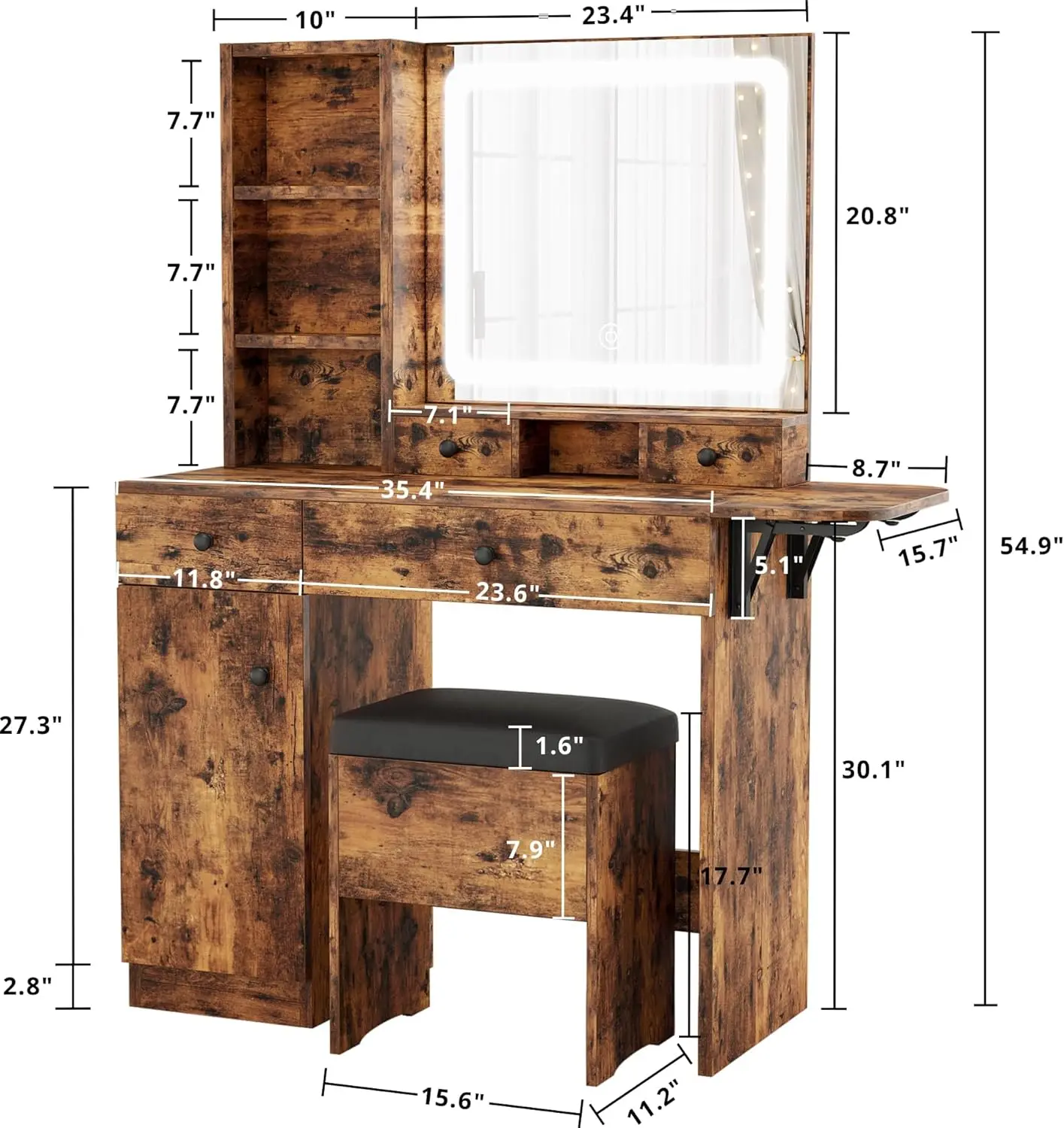 LIKIMIO Vanity Desk with Drawers & LED Lighted Mirror & Power Outlet & Cabinet, Storage Stool, Stylish Bedroom Makeup Table Set,