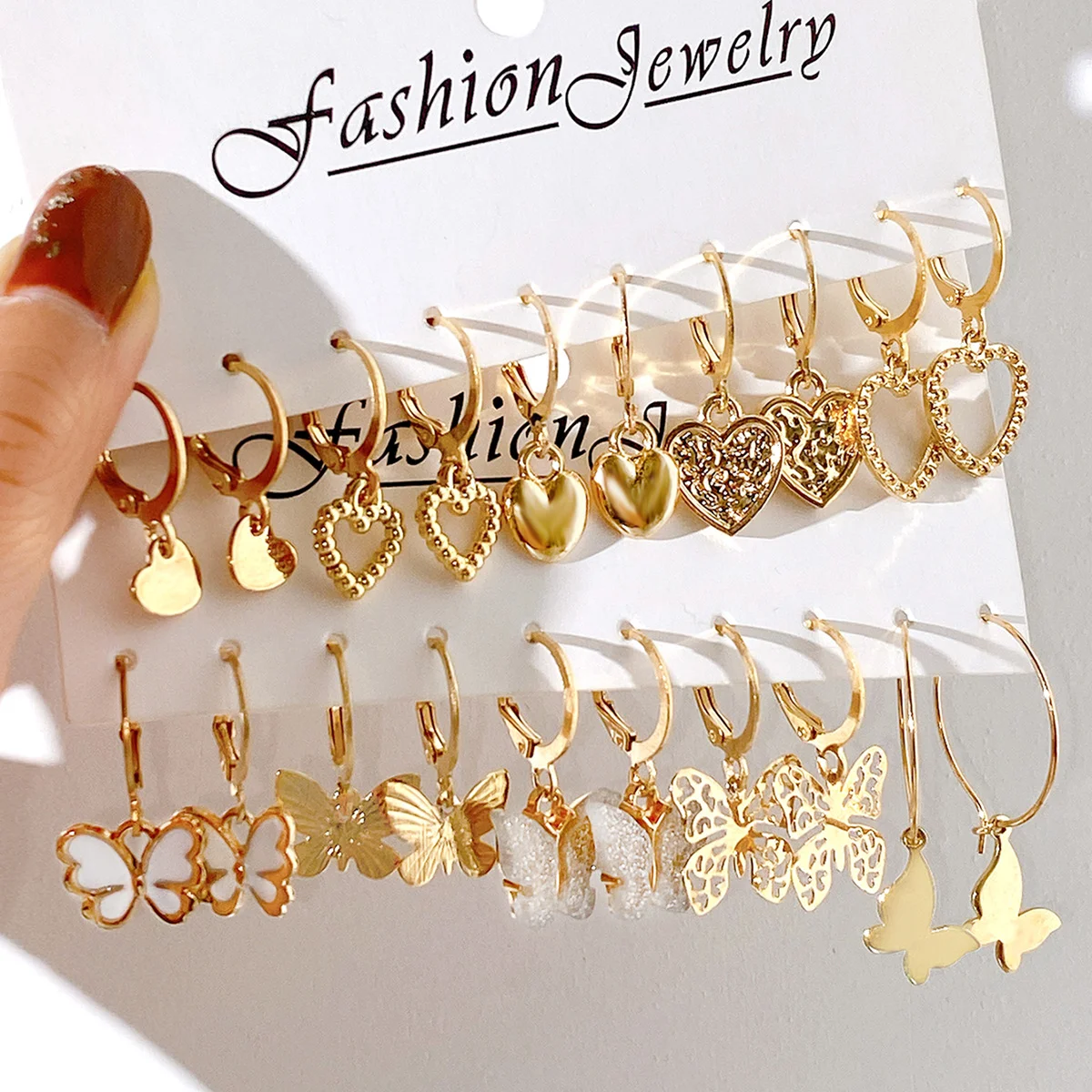 10pcs New Earrings Creative Retro Simple Hollow Heart Golden Butterfly Earrings Set Seasons Party Wedding Party Dating Travel Da