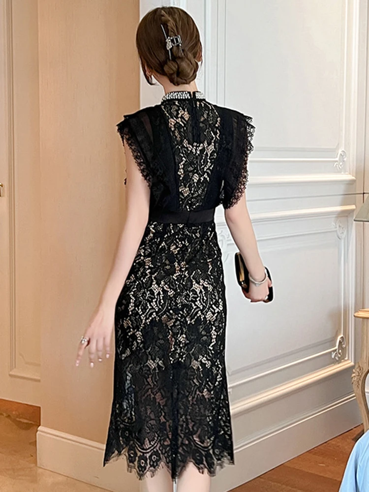 Women's French Noble Elegant Prom Dresses Black Lace Sheer Perspective Diamond High Waist Fishtail Robe Party Banquet Vestidos