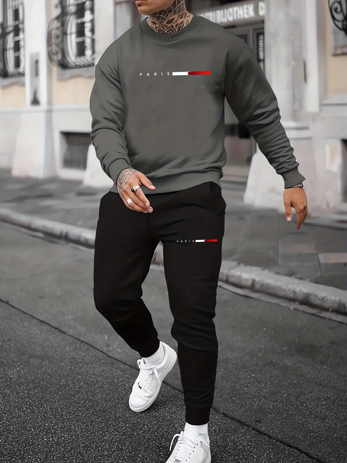 Men's autumn and winter fashionable casual Paris pattern printed loose and plush thick round neck sweatshirt+sports pants set