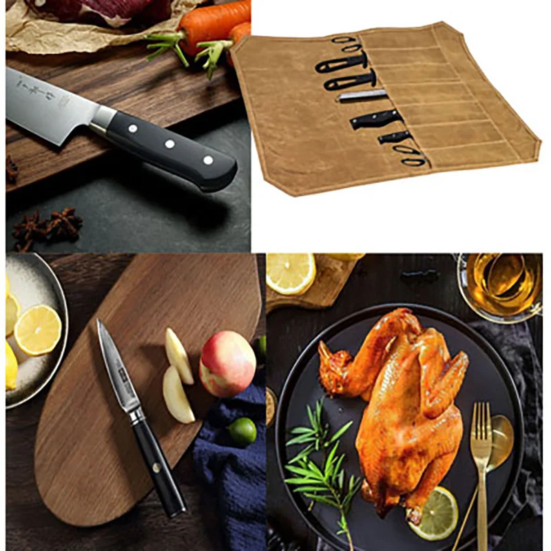 Knife Roll Bag Knives Holder Waxed Canvas Cutlery Protector Home Kitchen Cooking Tool and Utensils Wrap Bag Roll Pouch