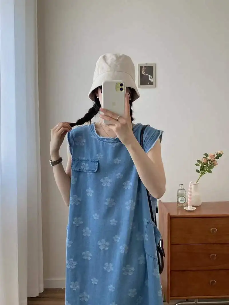 Novo 2025 verão denim algodão sem mangas vestidos, feminino o pescoço impressão, mori menina doce versátil festa solto colete vestido d54055cc