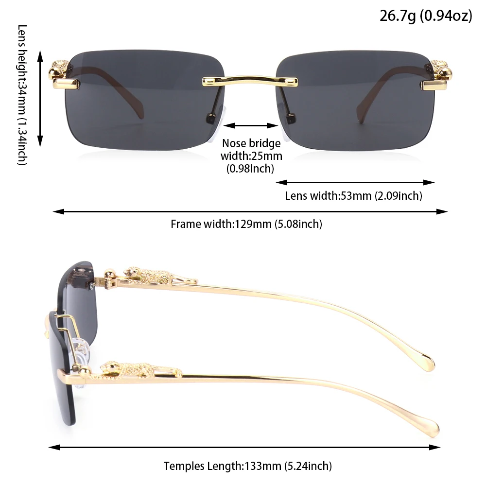 Fashion Rimless Rectangle Sunglasses for Women Men Retro Cheetah Decoration Clear Ocean Lens Sun Glasses Shades UV400 Eyewear