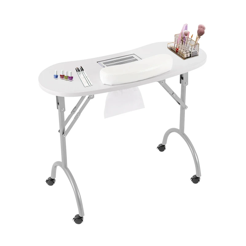 Foldable Nail Table W/Wheels Multifunctional Portable Manicure Table with MDF Table Top for Households