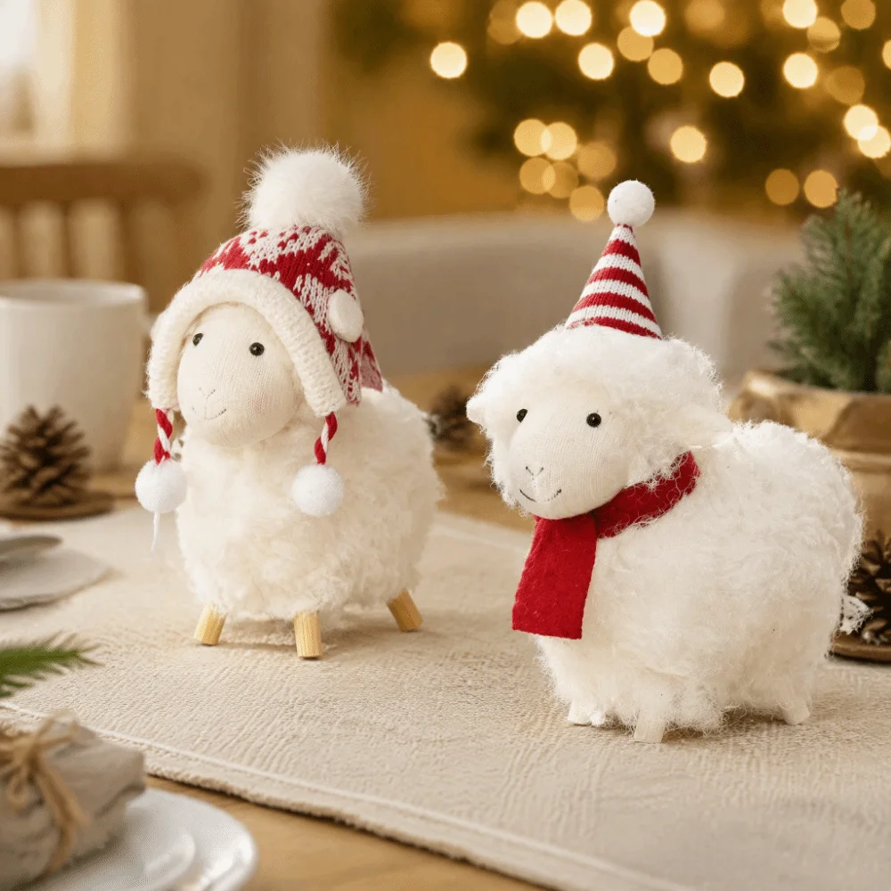 Mini Creative Sheep Doll Cute Scarf Hat Little Lamb Hanging Pendant Curly Fur Plush New Year Xmas Decoration Party Decor