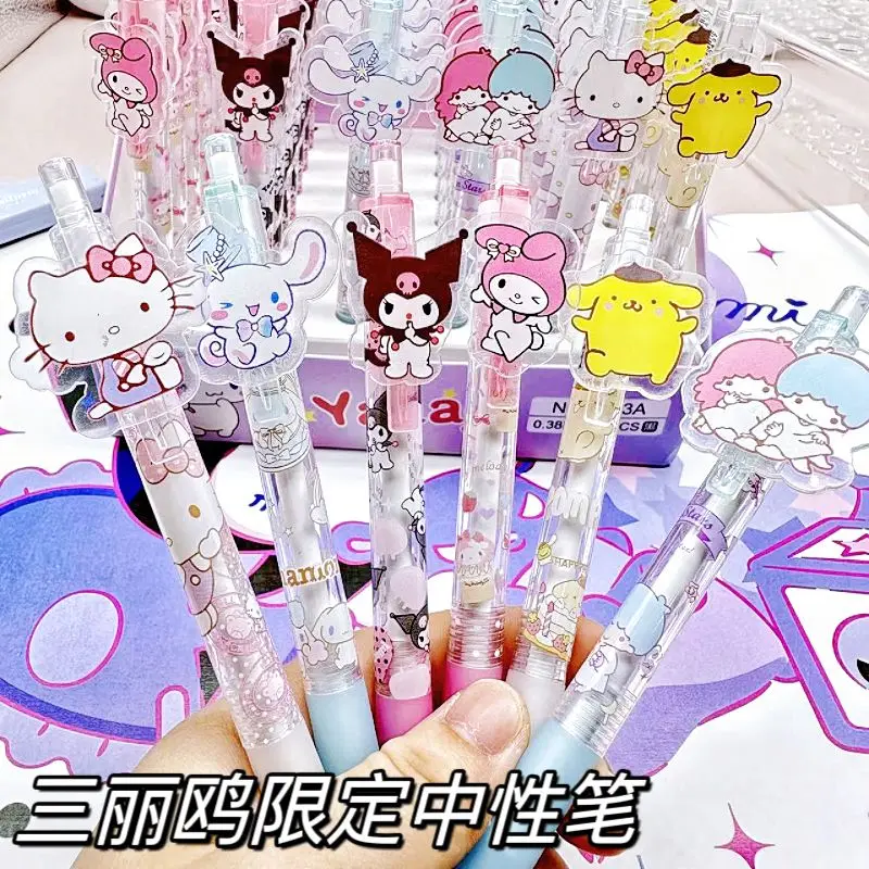 

6Pcs Sanrio Kawaii Anime Hello Kitty Cinnamoroll Neutral Pen Cute Kuromi My Melody Cartoon School Exam Press Pencil Kids Gifts