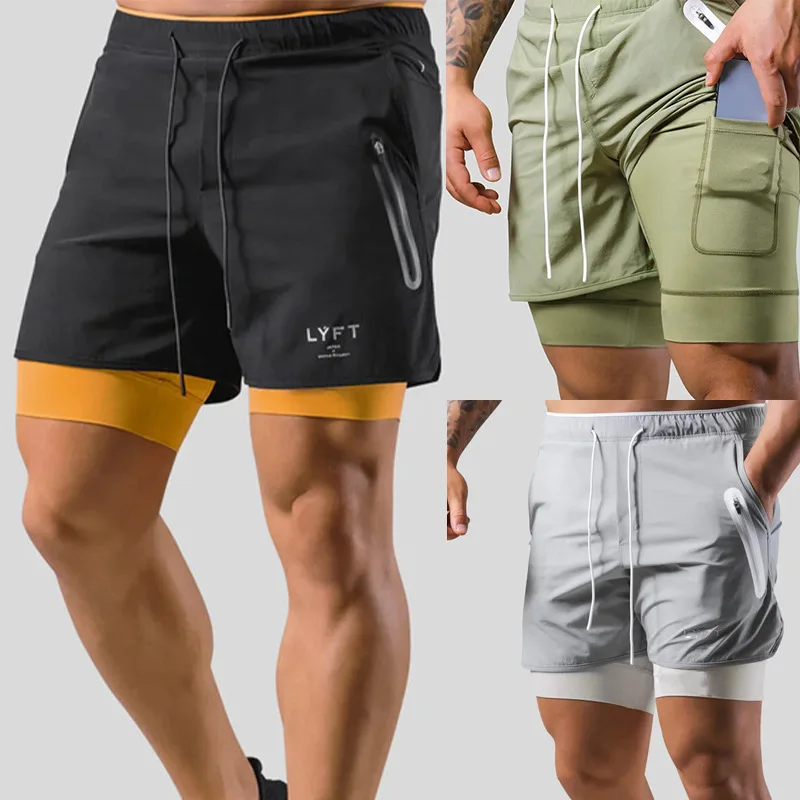 Summer LYFT New Men\'s Sports and Casual Shorts Double layered Fake Two piece Basketball Fitness Sweatwicking Quick Drying