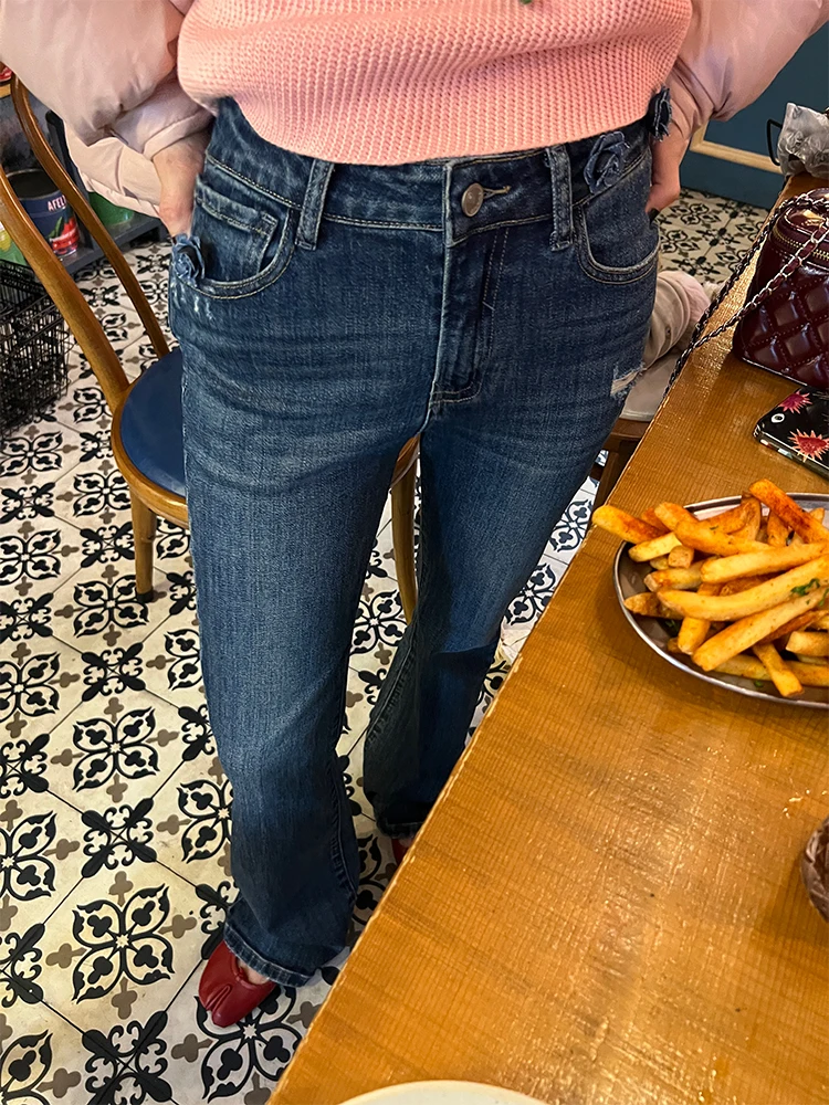 

Blue High Waist Straight Leg Jeans Women's Slim Fit Small Size Jeans Casual Waed Denim Zipper Closure All Season Wear