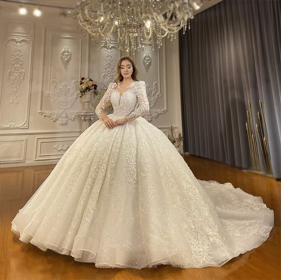 Customized Luxury Embroidered Lace Wedding Dress V Neck Floral Cap Sleeves Royal Princess Ball Gown Amanda Novias Official