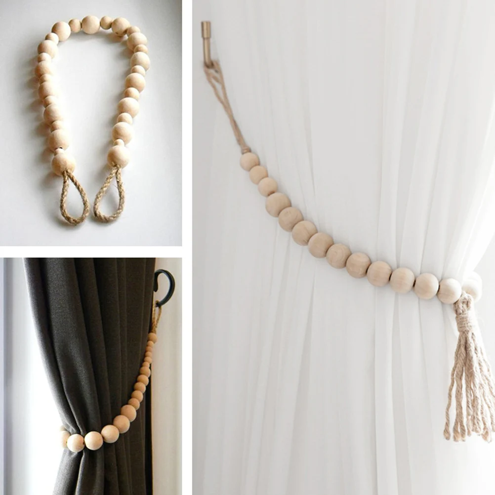 

Curtain Tiebacks Ropes 2PCS Natural Hemp Wood Bead Tassel Drapery Tie Backs for Living Room Bedroom Office Decor Handmade Strong