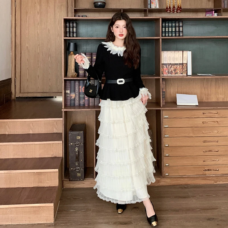النمط الفرنسي ارتفاع الخصر مطوي تول تنورة المرأة تنوعا منتصف طول كعكة تنورة الطازجة الحلو نمط مريح مجموعة عادية #1