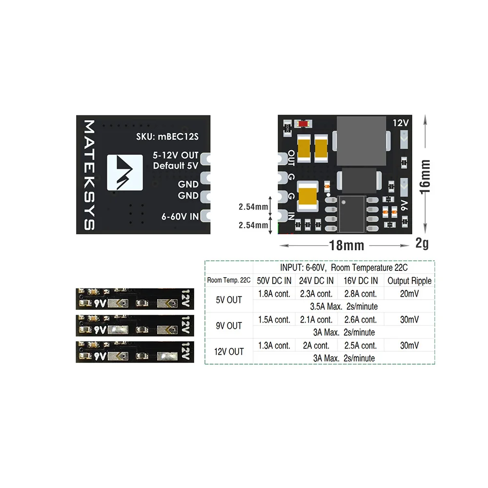 MATEK Mateksys MICRO BEC 6-60V TO 5V/9V/12V-ADJ Step-Down Regulator Module For RC Model Airplane Helicopter FPV Racing Drone