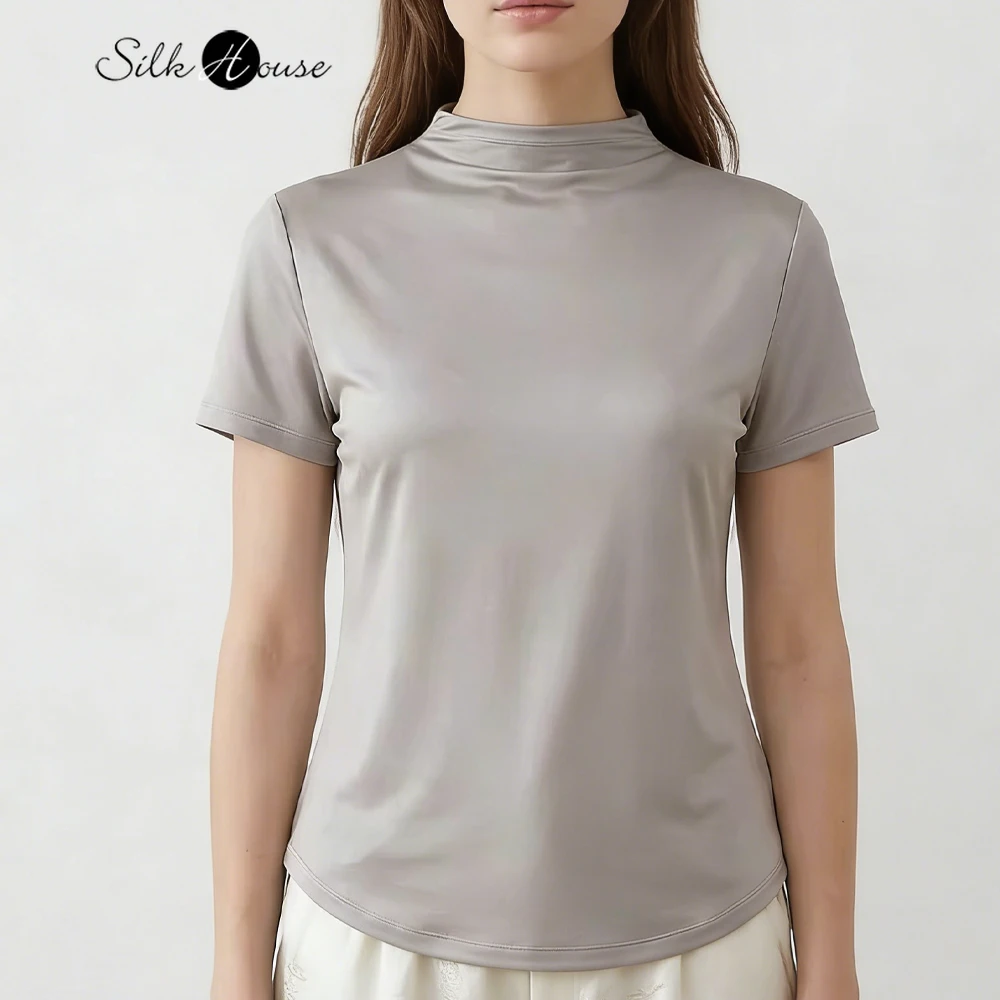 2026 Damen Freizeit-Sommerkleidung 20% Natürliche Maulbeerseide Kleiner Stehkragen Kurzärmeliges Vielseitiges Atmungsaktives T-Shirt