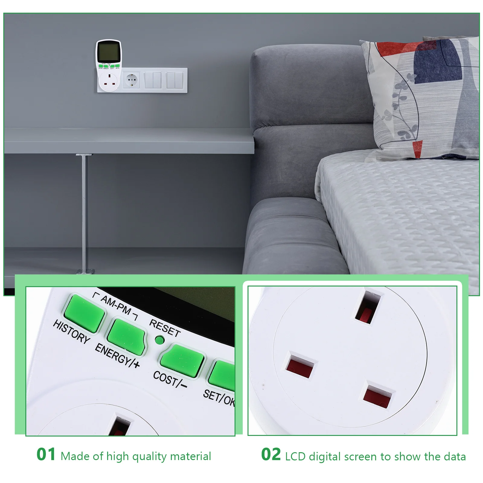 

Adapter Electricity Usage Monitor Digital LCD Energy Meter Power Monitor Uk Plug Durable Environmental Protection