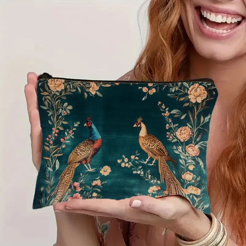 1pc Makeup Storage Bag with Pheasant & Floral Design -Durable Polyester Cosmetic Bag Gift for Women