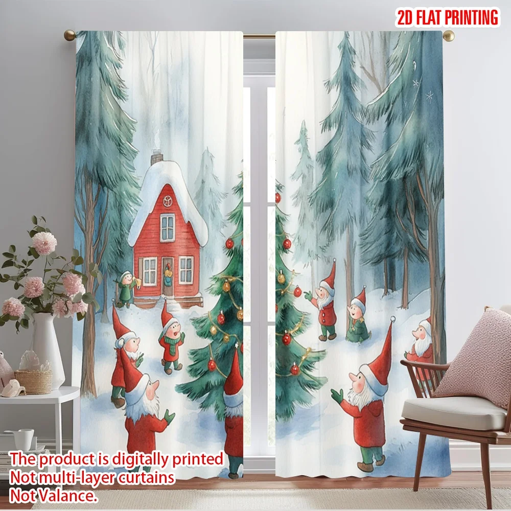 2pcs,2D plane printing Window Curtain Christmas Tree Forest Gnomes Versatile Fabric (without rod) All Seasons Use for Living