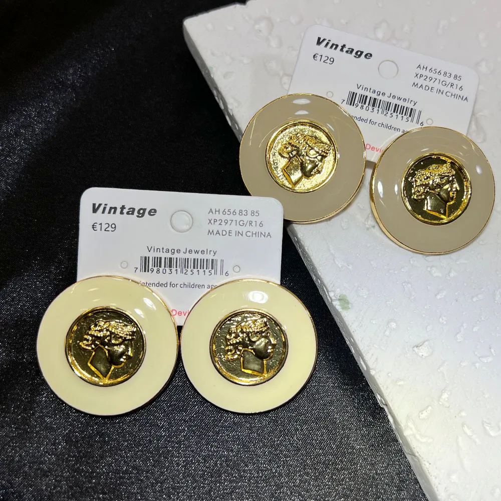 DIY accessories Enamel French vintage stud earrings retro human head light luxury high sense copper plated real gold medieval ea