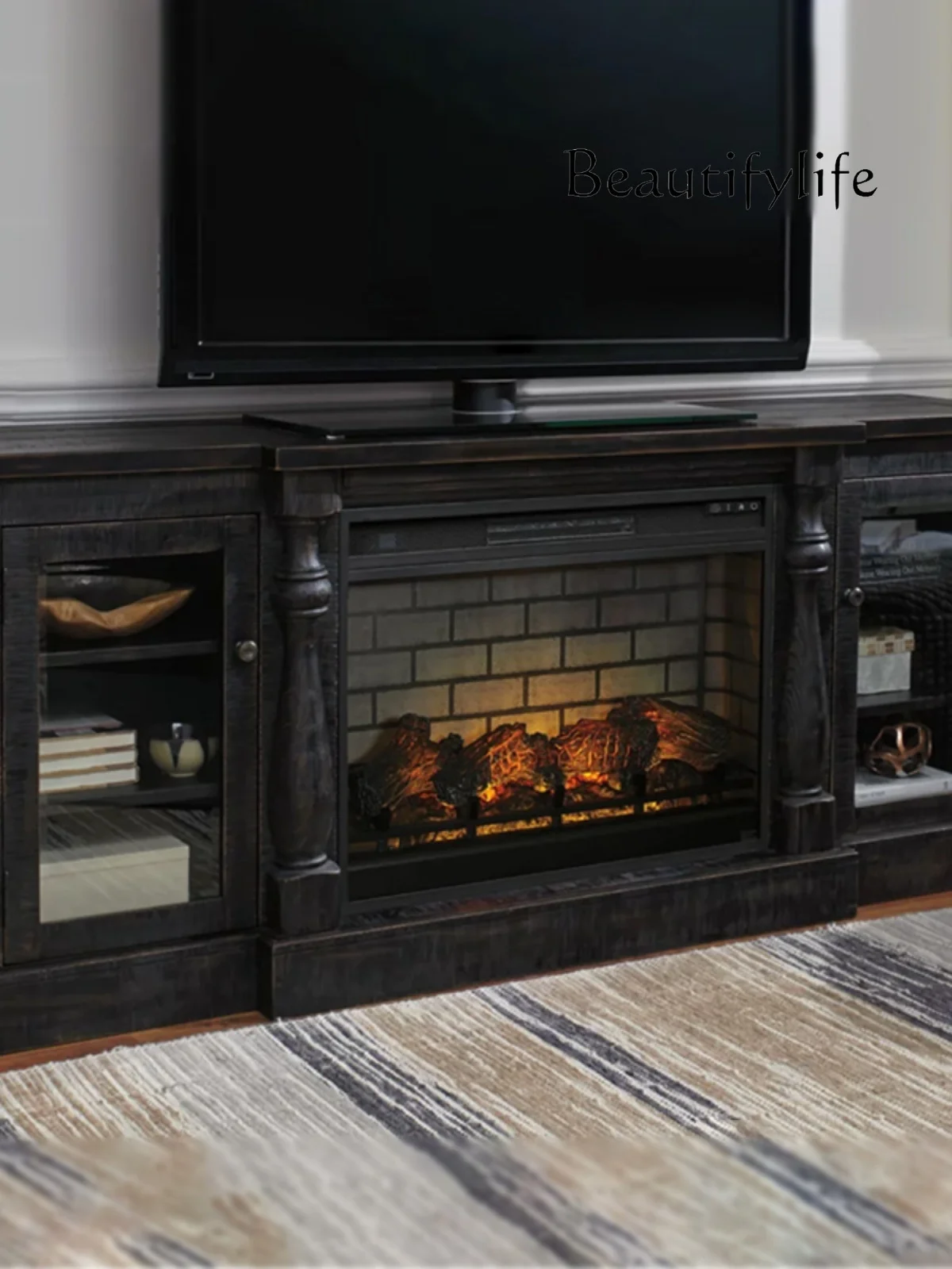 American solid wood black mantel living room decoration porch background wall TV retro old fireplace