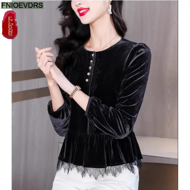 Black Velvet Retro Vintage Tassel Peplum Tops New Design Women 2024 Autumn Long Sleeve Sequined Button Belly Basics Shirt Blouse