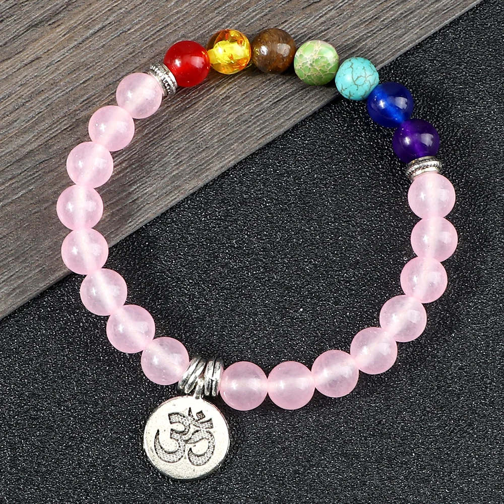 7 Charka Bracelet Healing Pedant Natural Stone Pink Quartz Beaded Men Women Buddha Meditation Yoga Bracelets Charm Jewelry Gifts