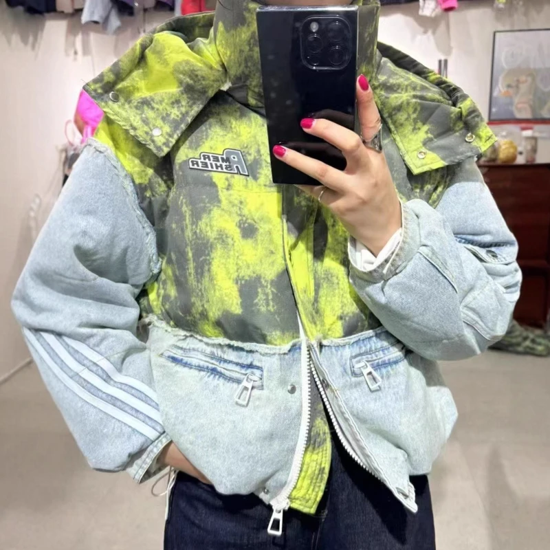 Damska kurtka puchowa na zimę 2025, ocieplana, modna, casualowa, parka z denimowymi przeszyciami, nowa, z odpinanym kapturem, 90% biały puch kaczki.