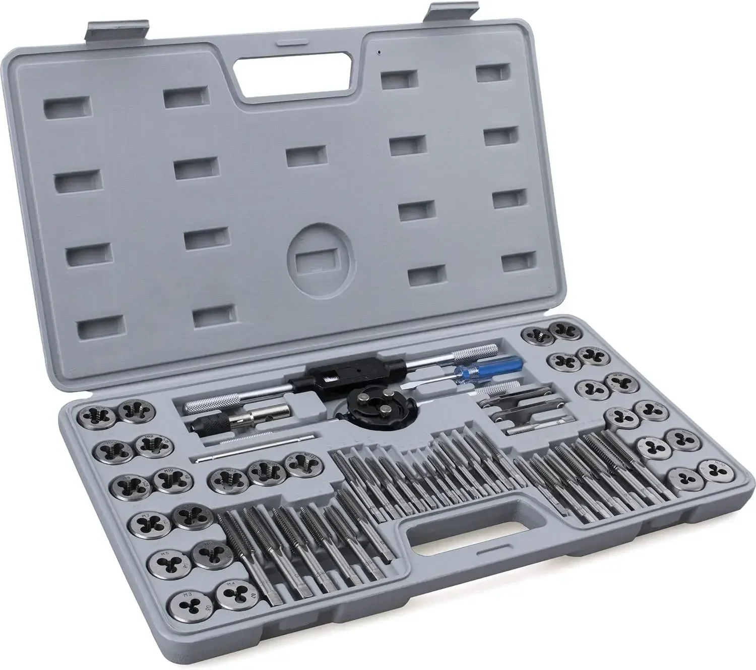 

60-Pc Master Tap and Die Set - Include SAE Inch Size #4 to 1/2” and Metric Size M3 to M12, Coarse and Fine Threads