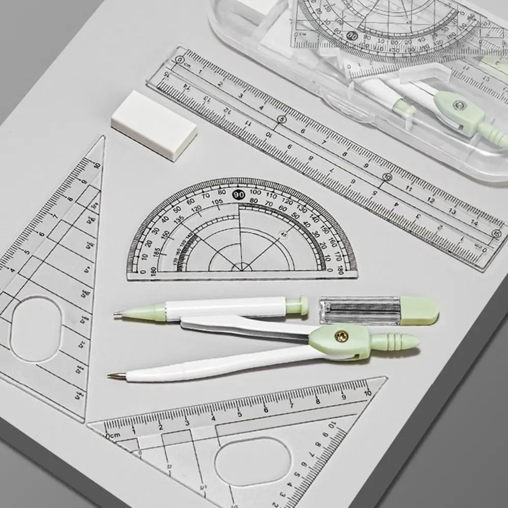 8PCS/Set Plastic Ruler Compasses Set Eraser Transparent Measuring Ruler Set Square Straight Ruler Protractor School Office