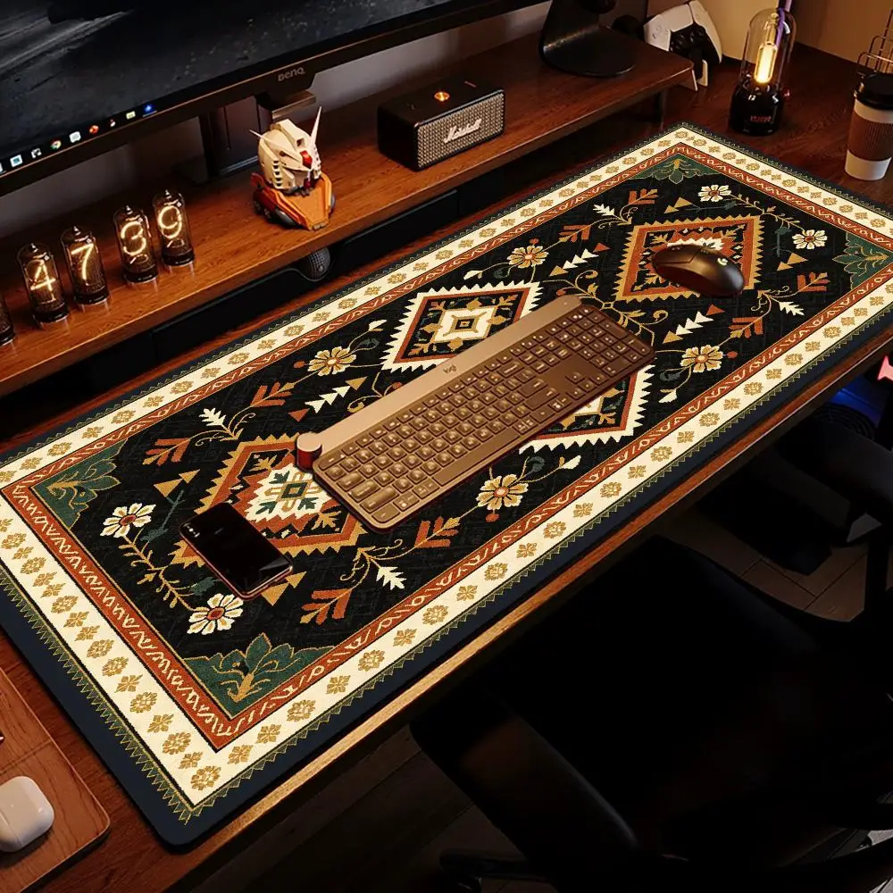 Brown Tribal Stripe Persian Rug Pattern Gaming Mouse Pad Large Size Thick Rubber For Boho Dorm