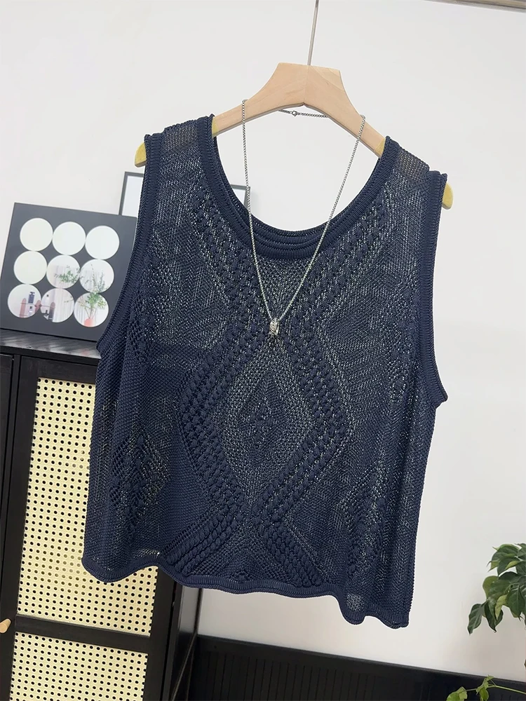 

High Quality Round Neck Hollowed Out Knitted Camisole Vest for Women's New Summer Thin Cut Camisole with Short Tank Top