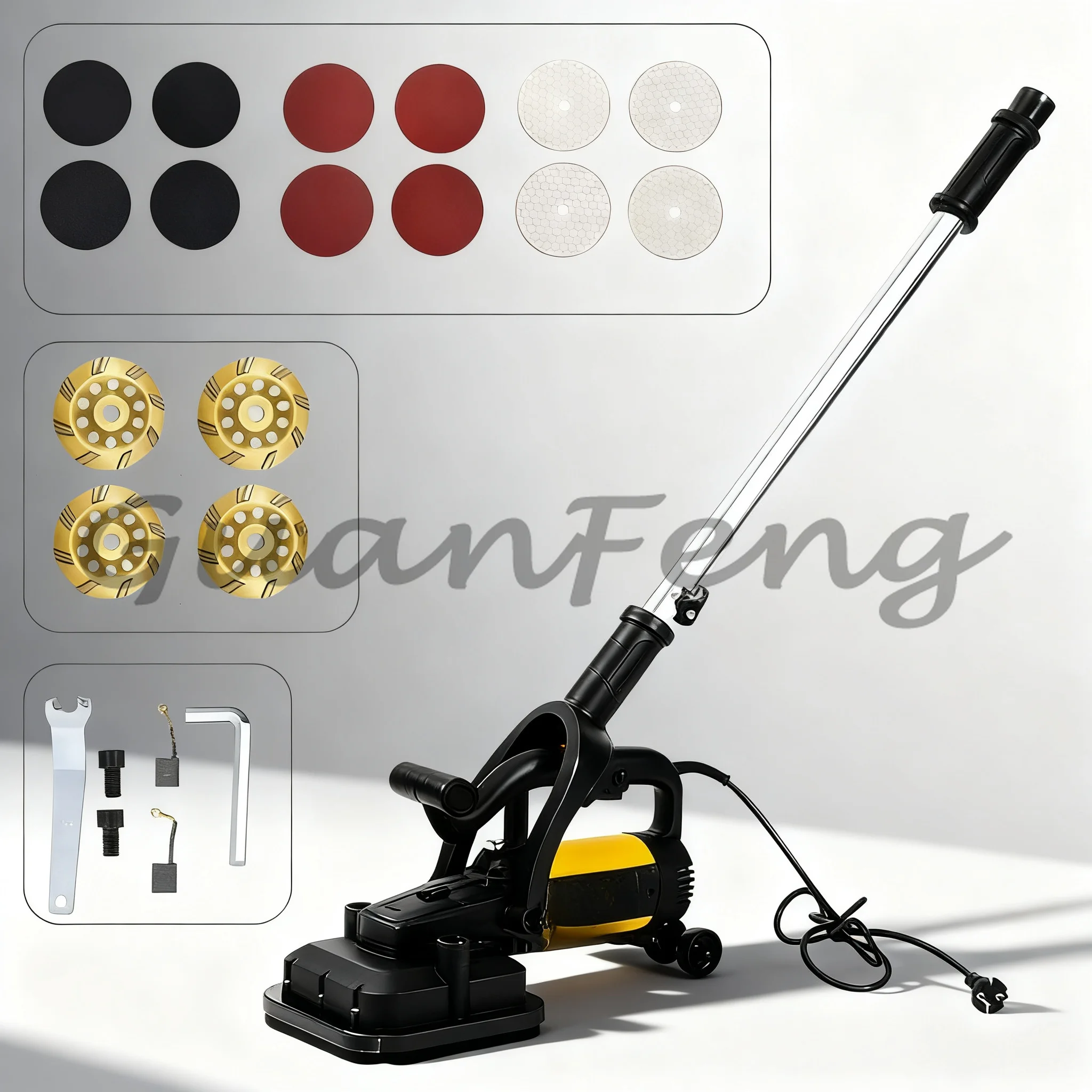 Dust-Free 4-Head Concrete Grinder, Handheld Long Rod Gypsum Polishing Coarse Grinder
