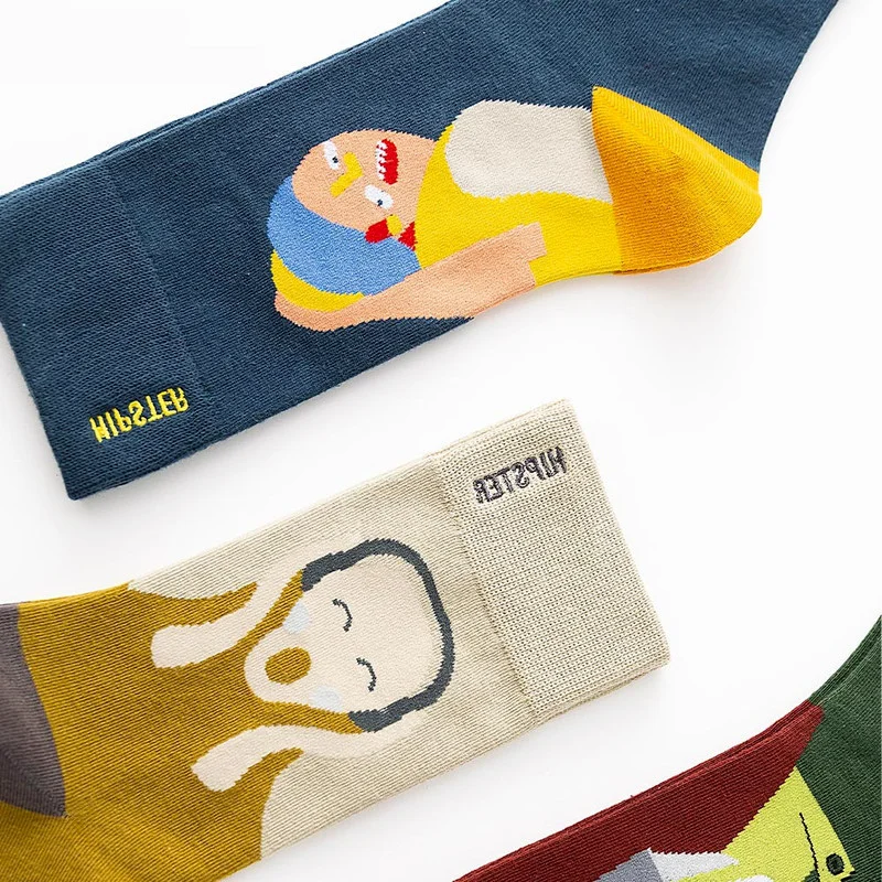 Colorful Funny Cotton Men Crew Socks Van Gogh scream  Hip Hop Novelty Painting Skate Street Designer Harajuku Gift Happy Cool